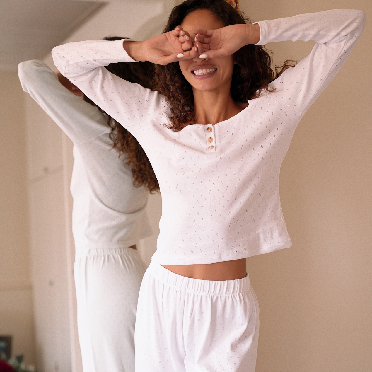 Set: Buttoned Long Sleeve Top and Straight Pants in White